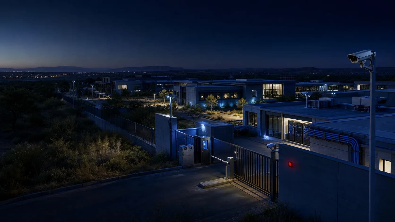 Illustrative campus property with controlled entry points and connected buildings